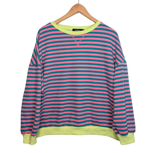 Trendy Queen Womens XL Pullover Sweater Striped Teal Pink Neon Yellow Oversized - Picture 1 of 8